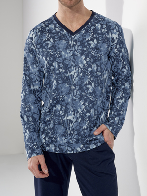 Пижама мужская HOM 40-3057 тёмно-синяя с растительным принтом