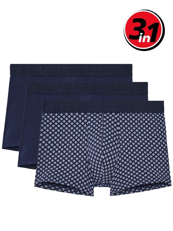 Комплект трусов-боксеров мужских HOM 40-3102 тёмно-синие + тёмно-синие с цветным принтом