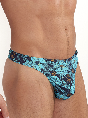 Стринги мужские HOM 40-3042 тёмно-синие с бирюзовым цветочным принтом