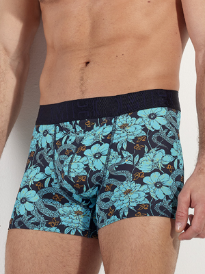 Трусы-боксеры мужские HOM 40-3045 тёмно-синие с бирюзовым цветочным принтом