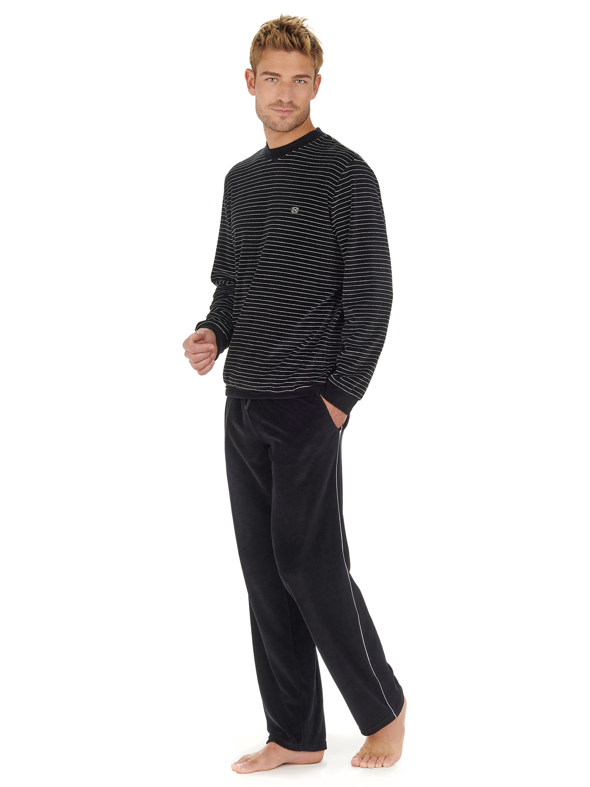 пижама мужская велюровая HOM 40-2619 чёрная в тонкую белую полоску